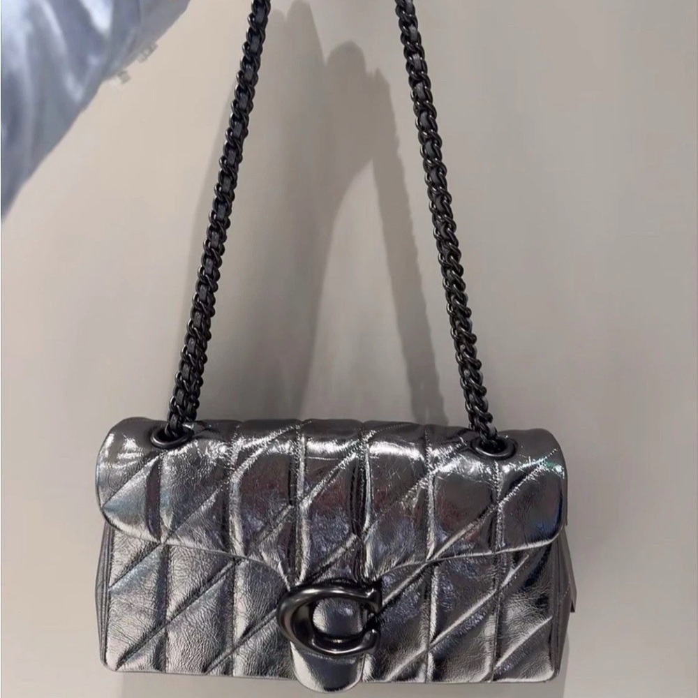 NWT Coach Metallic Leather Tabby Shoulder Bag 26 With Quilting - V5/Anthracite - Picture 3 of 12
